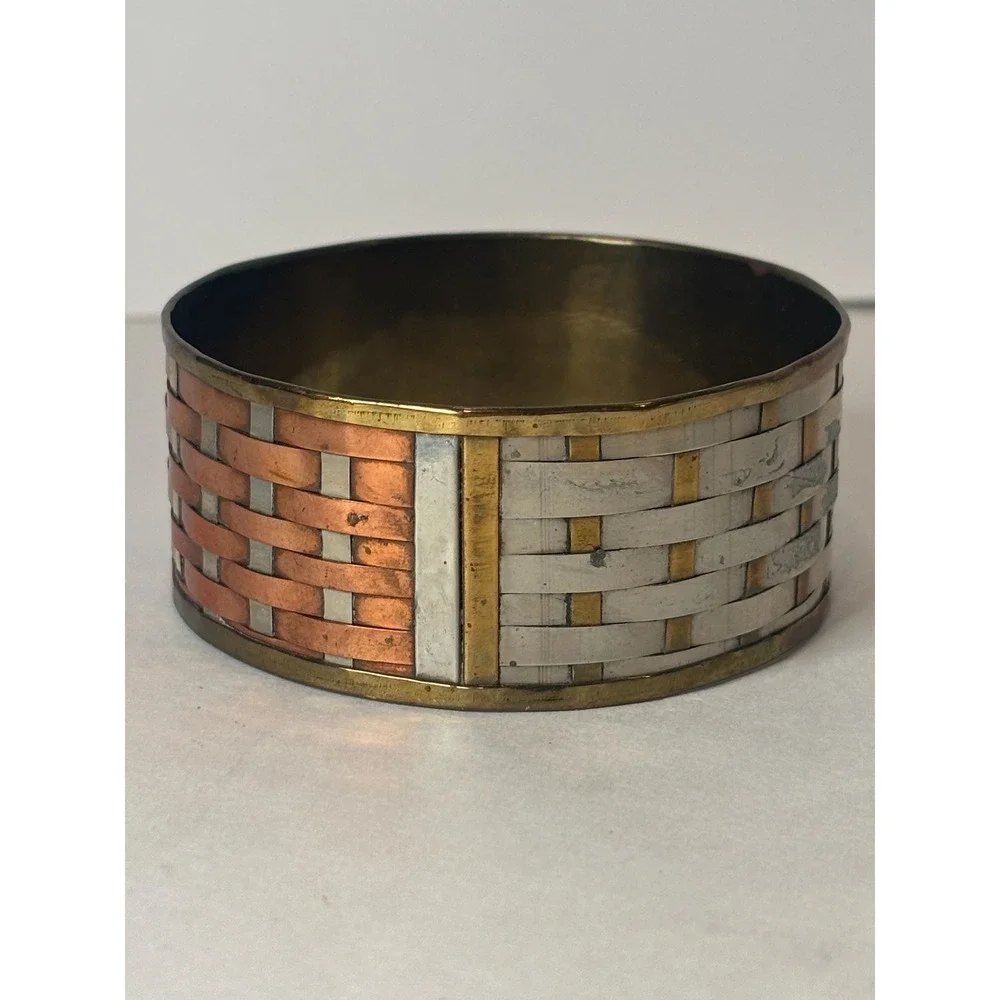 Vintage Brass Woven Basket Weave Mixed Metal Copper Silver Tone Bangle Bracelet